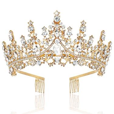 Imagem de TOBATOBA Coroa de ouro para mulheres, tiara de aniversário, rainha, coroa de casamento, tiara para mulheres, tiaras e coroas de cristal, princesas reais de quinze anos, chapéus para formatura, concurso, noiva, Halloween, cosplay