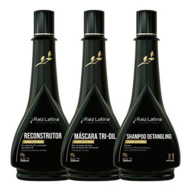 Imagem de Kit Escova Acetinada 500ml Raiz Latina Profissional 3 Fases Shampoo Re