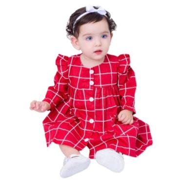 Imagem de Vestido de Bebê Menina Manga Longa Xadrez Vermelho com Tiara 100% Algo