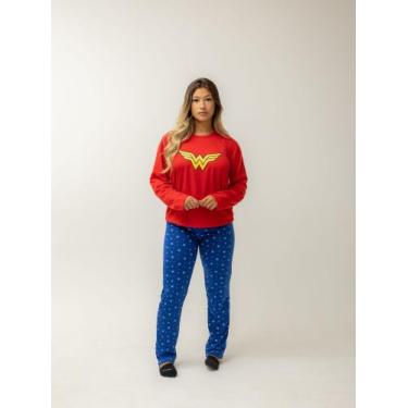 Imagem de Pijama Feminino Cumprido Fechado Estampado Personagem Mulher Maravilha
