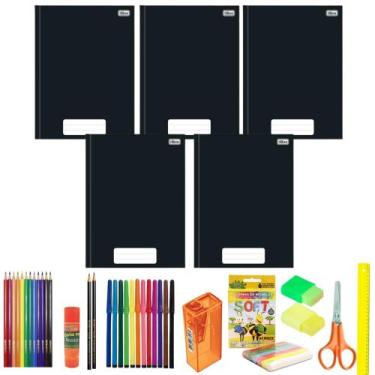 Imagem de Kit 5 Cadernos Grande Costurado Capa Dura Material Escolar Cores Neutr