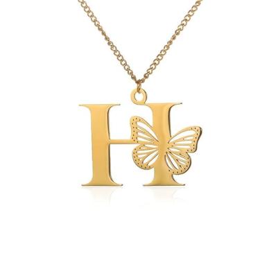 Imagem de BlingNuts Colar feminino com inicial de borboleta, pingente de letra dourada, coração, Natal, aniversário, dia dos namorados, F, Aço inoxidável, Sem Pedra Preciosa