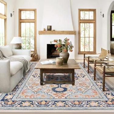 Imagem de U'Artlines Boho Vintage Tapete 15 x 23 cm Lavável à Máquina Tapete Macio Antiderrapante Antiderrapante Tapete para Sala de Estar Quarto Entrada Sala de Jantar Escritório Laranja Azul