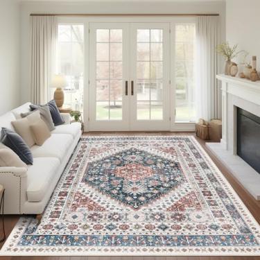 Imagem de Madane Tapetes de área para sala de estar, tapetes laváveis resistentes a manchas, tapete antiderrapante, tapete de decoração de casa vintage para quarto (azul marinho, 1,52 x 18 cm)