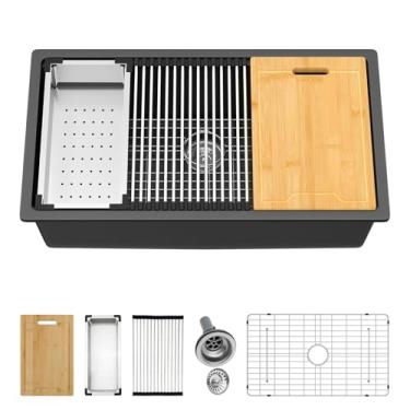 Imagem de Kichae Pia de cozinha composta de granito de 81 cm - pia de cozinha de 81 x 48 cm de tigela única de quartzo preto fosco para estação de trabalho