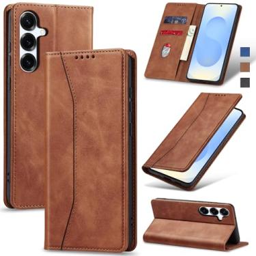 Imagem de Jasonyu Flip Carteira Capa para Samsung Galaxy S25,Capinha Folio Magnética de Couro com Suporte para Cartão,Suporte para Chute - Protetora Durável de TPU à Prova de Choque para Telefone,Marrom