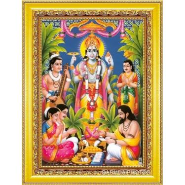 Imagem de Satyanarayana Swami foto com moldura Satyanarayan Swami Vishnu Avatar Satyanarayana Swamy Photo Frame Pooja multicolorido Sat Narayan Ji com Narad ji (Hanging) 30 x 23 cm SNS1