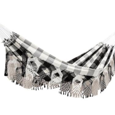 Imagem de Rede Cama de Balanço Luxo Algodão Preto Com Branco Reforçada Até 200kg Para Varanda Sitio Casa