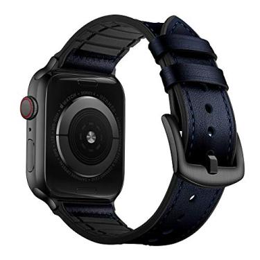 Imagem de OUHENG Pulseiras de couro compatível com Apple Watch séries 11, 10, 9, 8, 7, 6, 5, 4, 3, 2, 1, SE3 SE2 SE, azul escuro, preto
