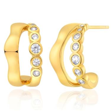 Imagem de BENEIGE Brincos de argola femininos de argola aberta em forma de C banhado a ouro 14 K Boho praia simples delicado feito à mão hipoalergênico diário joias, Latão, Zircônia cúbica