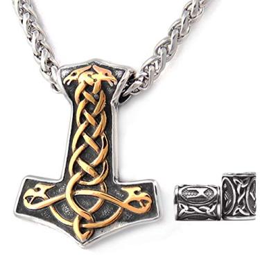 Imagem de Colar Mjolnir da GUNGNEER com padrão de nó celta banhado a ouro 18 K, colar masculino nórdico viking de aço inoxidável 316L
