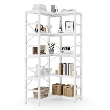 Imagem de NUMENN Estante de canto de 5 camadas, estante de canto moderna, grande prateleira aberta, estante alta, prateleira de armazenamento para quarto, sala de estar e escritório em casa, branca