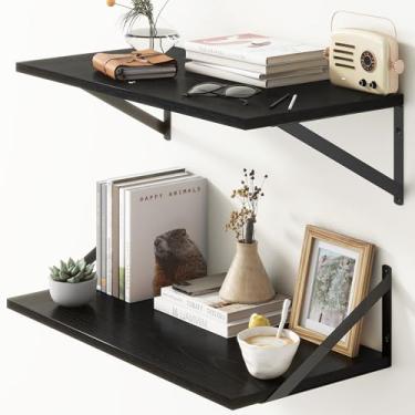 Imagem de Prateleiras flutuantes profundas, prateleiras flutuantes de 30 cm de profundidade para parede, 61 cm L x 30 cm P prateleiras de parede para livros, prateleiras de madeira preta rústica, prateleira