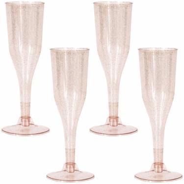 Imagem de Unique Flautas de champanhe de plástico com glitter rosa e dourado (25,4 cm x 5 cm) 4 unidades - utensílios descartáveis elegantes - perfeitos para casamentos, festas e celebrações