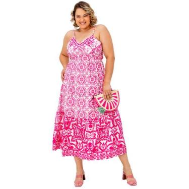 Imagem de Vestido plus size estampado azulejo portugues com amarração nas costas