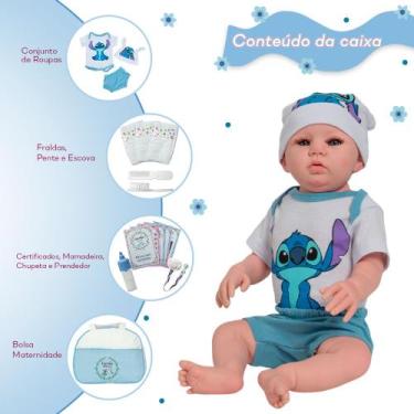 Imagem de Bebê Reborn Menino Roupa Stitch Azul Linda Enxoval Completo - Cegonha 
