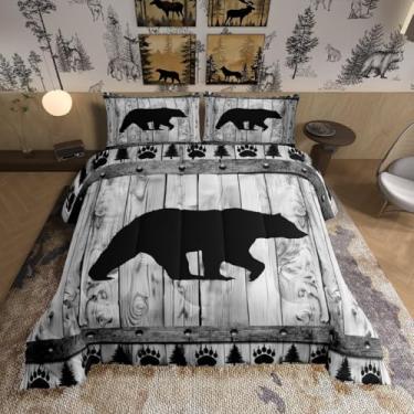 Imagem de Jogo de cama king com urso, casa de fazenda rústica, cabana de madeira, caça, vida selvagem, para decoração de quarto de crianças, meninos, meninas, adolescentes, cinza, preto, pinheiros, 2 fronhas, 2