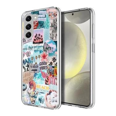 Imagem de HONGZAOQIYE Capa moderna para Samsung Galaxy S24, vintage Vibe Colagem Estética Retrô Praia Conchas Palmeira à prova de choque Design Padrão Slim Soft Protective Clear Case
