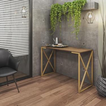 Imagem de Mesa Zurik Industrial Escritório e Home Office Consultório Ferro Dourado Tampo Carvalho - Ahz Móveis