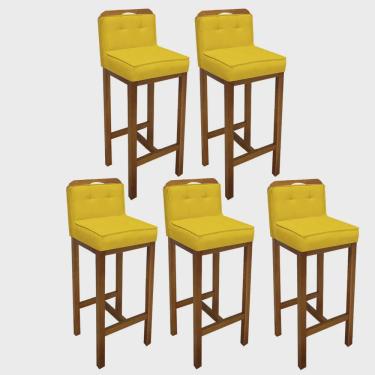 Imagem de Kit 05 Banqueta Alta Com Encosto Agnes Cozinha Balcão Bistrô Base Madeira Rústico Suede Amarelo - Ahz Móveis
