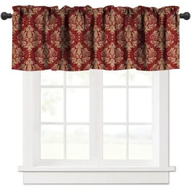 Imagem de Cortina de sanefa damasco vermelha, vintage, clássica, luxuosa, vermelho escuro, estampa floral, damasco, bolso para haste, blackout, tratamento de janela curta para decoração de casa, quarto, festa,