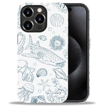 Imagem de FKBRCL4U Capa para iPhone 15 Pro Max, capa protetora híbrida de silicone fosco de 2 camadas para meninas mulheres baleia tubarão recifes corais concha do mar padrão para iPhone 15 Pro Max