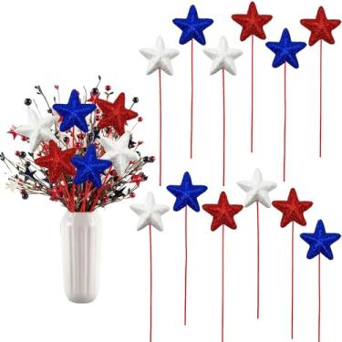 Imagem de mdgfge 12 peças 4 de julho Patriótico Glitter Star Palitos florais vermelho branco azul palitos de estrela inchada espuma brilhante centro de mesa decoração para o dia da independência Memorial Day