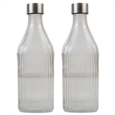 Imagem de Kit 2 Garrafas Quadrada De Vidro Canelado com Tampa 1l Colorida para Geladeira (Preta)