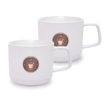 Imagem de DUSVALLY Caneca de café de cerâmica de 370 ml com tampa - Design listrado vertical elegante, detalhes em cobre, pacote com 2 canecas brancas para casa, escritório ou presente (380 ml)