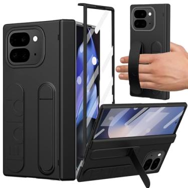 Imagem de YQODSZ Capa dobrável para Google Pixel 10 Pro com alça de pulso, alça de mão com suporte, proteção de dobradiça, protetor de tela, capa de câmera com borda elevada para Google Pixel 10 Pro Fold preta