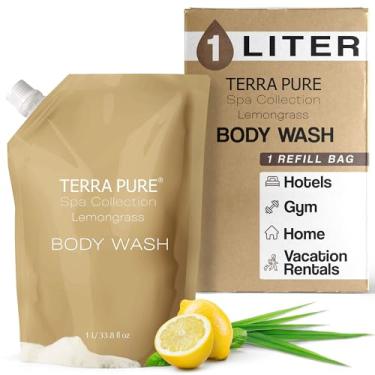Imagem de Terra Pure Spa Collection Saco de refil de sabonete líquido de 1 litro para saboneteira | Artigos de higiene a granel para aluguéis de férias e chuveiros de banheiro em casa | Chá verde capim-limão |