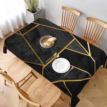 Imagem de LoLo UoUo Toalha de mesa geométrica com linha dourada, 132 x 188 cm, triângulo, dourado, patchwork, colagem, polígono, listrada, lavável, poliéster, para jantar, cozinha, piquenique, acampamento