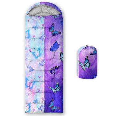 Imagem de AILONEN Sacos de dormir para meninas, 3 estações, clima quente e frio, impermeável, leve, azul e roxo, sacos de dormir com borboleta estrelada para adultos, viagens, atividades ao ar livre