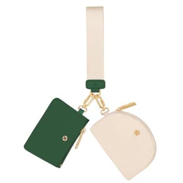 Imagem de Hovmwey Carteira de pulso, mini zíper em torno de porta-chaves para mulheres, bolsa dupla destacável, carteira portátil Samll, porta-moedas, mini bolso feminino para moedas, Verde escuro + branco