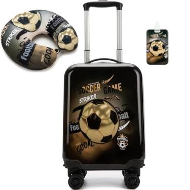 Imagem de Inprof Conjunto de mala infantil de 2 peças, bagagem rígida de 40,6 cm com rodas giratórias, meninas, meninos, bagagem de mão, bagagem de viagem, com rodinhas aprovadas por companhias aéreas, Futebol