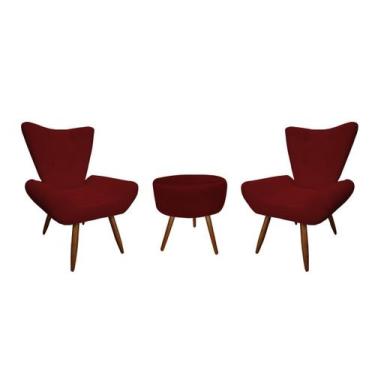 Imagem de Kit 2 Poltronas Decorativa Emilia + Puff Redondo Suede Marsala Pés Mad