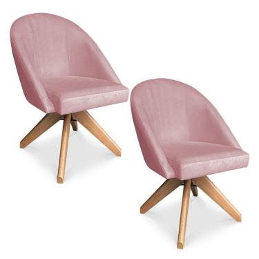 Imagem de Kit 02 Poltronas Cadeira Giratória Bela Veludo Rosê Base De Madeira - Pallazio