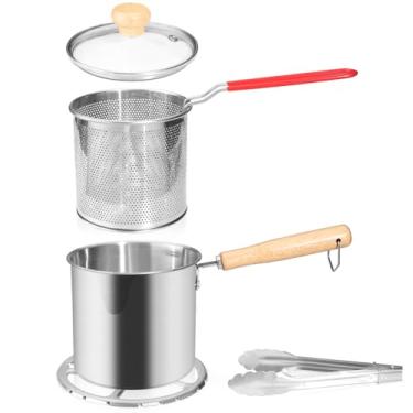 Imagem de Huakaile 5 peças panela de fritadeira de aço inoxidável 304 de 1,295 g/1,3 L com cesta, tampa e pinça, frigideira de cabo de madeira com filtro, recipiente de óleo de fritura prata para batatas fritas
