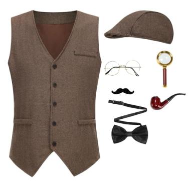 Imagem de AGCOAH Adult Detective Costume 7PCS Set 1920s Mens Sherlock Holmes Brown Vest with Hat Magnifying Glass Mustache Halloween Cosplay XL