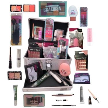 Imagem de Maleta de Maquiagem Profissional Jasmyne Luisance Macrilan Rubys 129 Sombra Base Pincel Iluminador Lápis Pó Blush Primer Máscara Cílios Batom Lip Balm Demaquilante Delineador Esfumar Kabuki Completa (cinza pele morena)