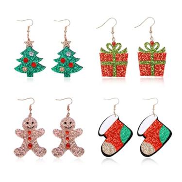 Imagem de PopTopping Brincos de Natal para mulheres, brincos de Natal pendurados para meninas, conjunto de brincos de Natal hipoalergênicos, meia de árvore de gengibre, Natal, rena, Papai Noel, bengala doce, presente, Acrílico, Sem pedra preciosa