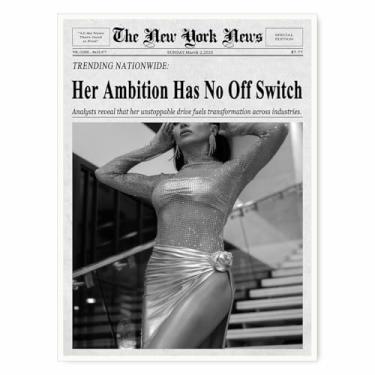 Imagem de Arte de parede de jornal vintage de Nova York, preto e branco, pôsteres em tela editorial, confiante, mulher, ambição, impressão, para escritório chique, quarto, vestiário, boutique, decoração, 28 x