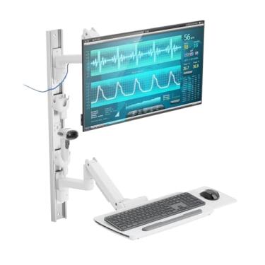 Imagem de Mount Plus Suporte de parede para monitor médico MED10 com bandeja de teclado dobrável e mouse pad | Suporte de scanner | Design dobrável de ajuste de altura resistente para monitor de 43.2 cm-124.5