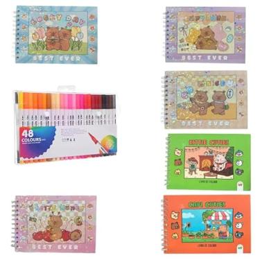 Imagem de Kit Caneta Brush Pen Ponta Dupla 48 Cores + Caderno Para Colorir