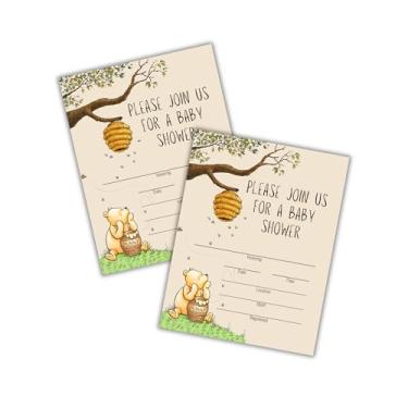 Imagem de Honey Bear Pooh Convite para chá de bebê pacote com 30 cartões postais 10,8 x 14 cm Pop it When She Pops Etiquetas de etiquetas Cartões de agradecimento Toppers clássicos