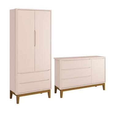 Imagem de Jogo de Quarto Infantil Guarda Roupa 2 Portas e Cômoda 1 Porta Classic com Pés Amadeirado - Reller Móveis Rosa Fosco