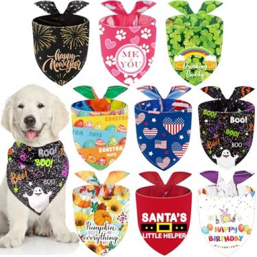 Imagem de 9 peças de bandana ajustável de Natal, para cães, lavável, patriótico, babador, bandana para cachorro de aniversário para fantasia de animal de estimação (padrão clássico)