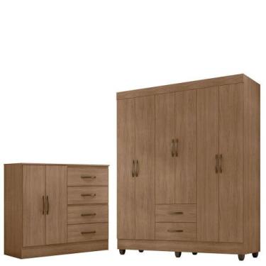 Imagem de Kit Guarda-roupa Casal 6 Portas Com Cômoda Sapateira 4 Gavetas Lisa Ca