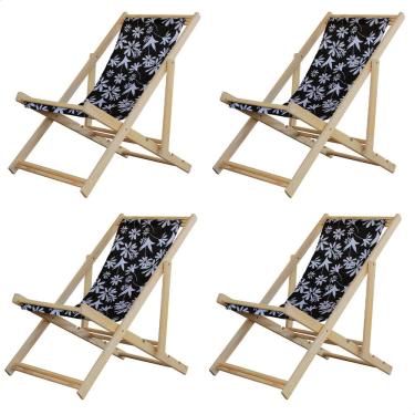 Imagem de Kit 4 Espreguiçadeiras Preguiçosa Dobrável sem Braço Madeira Maciça com Tecido Colorido