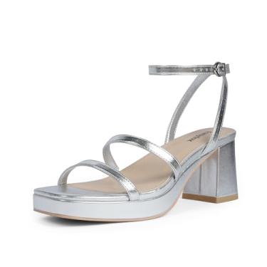 Imagem de Easyfox Sandálias plataforma para mulheres, bico aberto, salto grosso, duas tiras, 7 cm/2,76 pol, Prata, 35